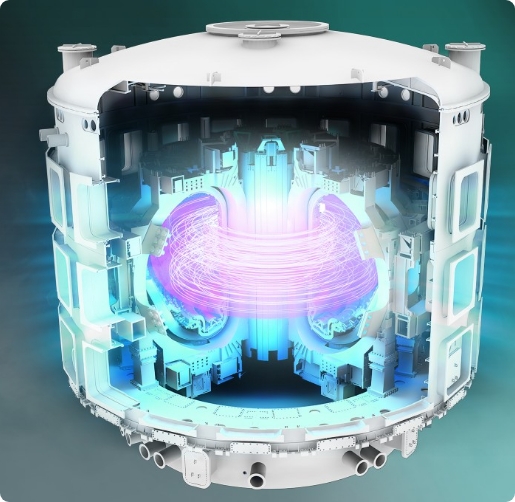 Corte esquemático de un gran contenedor cilíndrico industrial con un efecto luminoso toroidal en el interior, representando un campo o flujo energético dentro de la cámara.