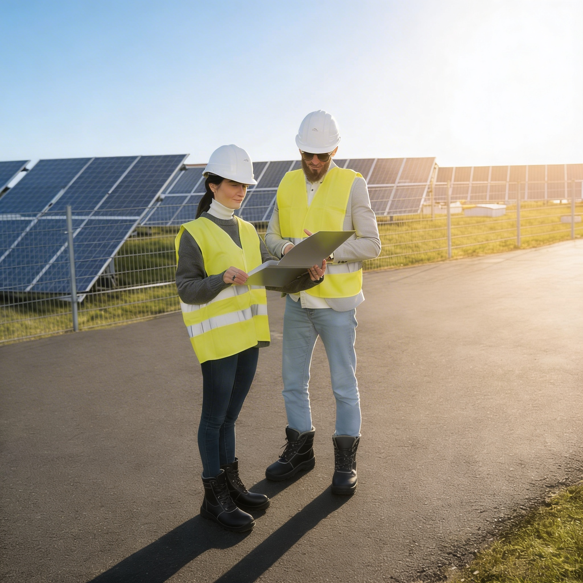 Dos técnicos con chalecos reflectantes y casco revisan documentación en una planta fotovoltaica, con hileras de paneles solares al fondo.